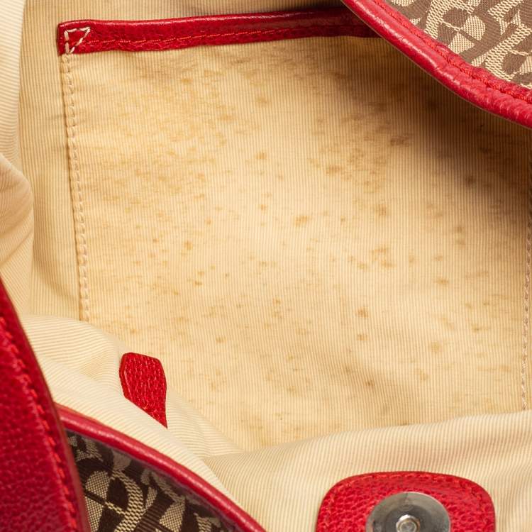 Pre Owned Aigner Red/Beige Signature Canvas and Leather Logo Buckle Flap Hobo
