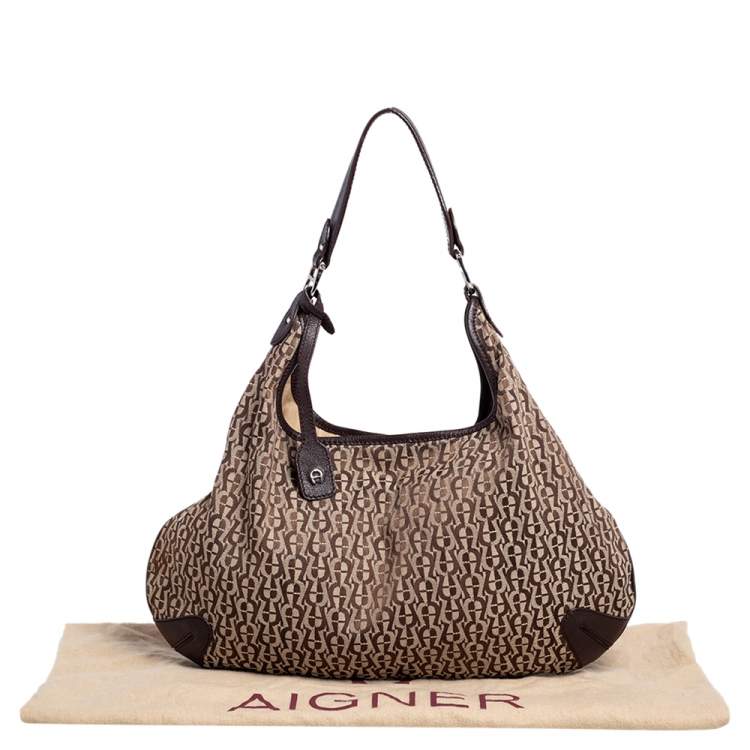 Pre Owned Aigner Dark Brown/Beige Signature Canvas and Leather Hobo