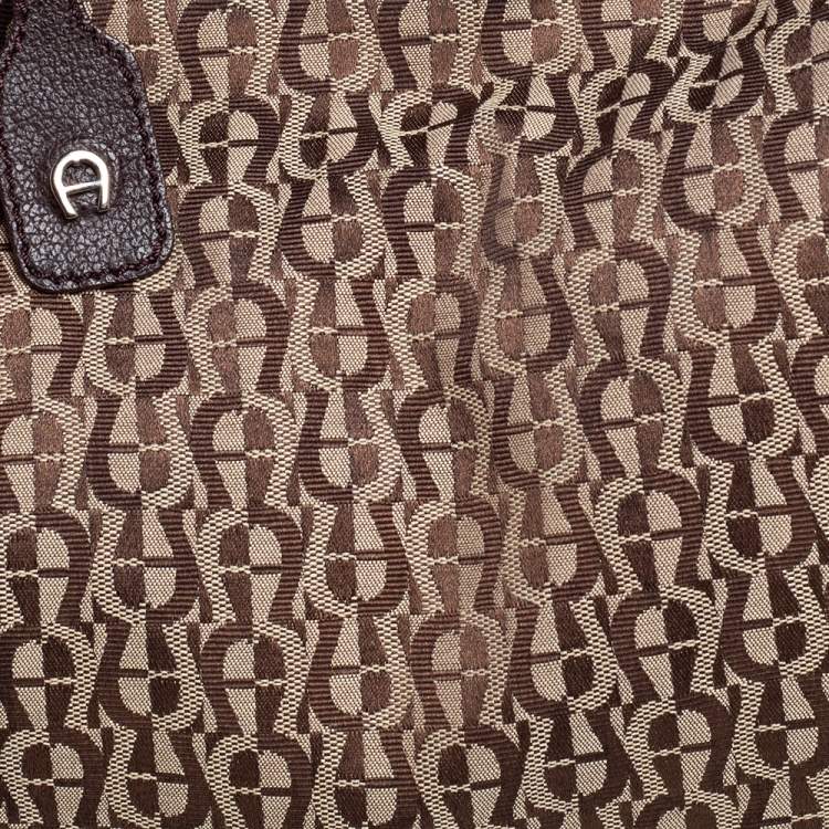 Pre Owned Aigner Dark Brown/Beige Signature Canvas and Leather Hobo