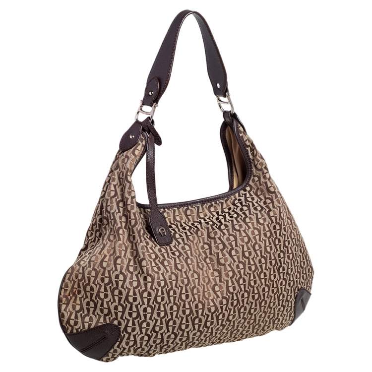 Pre Owned Aigner Dark Brown/Beige Signature Canvas and Leather Hobo