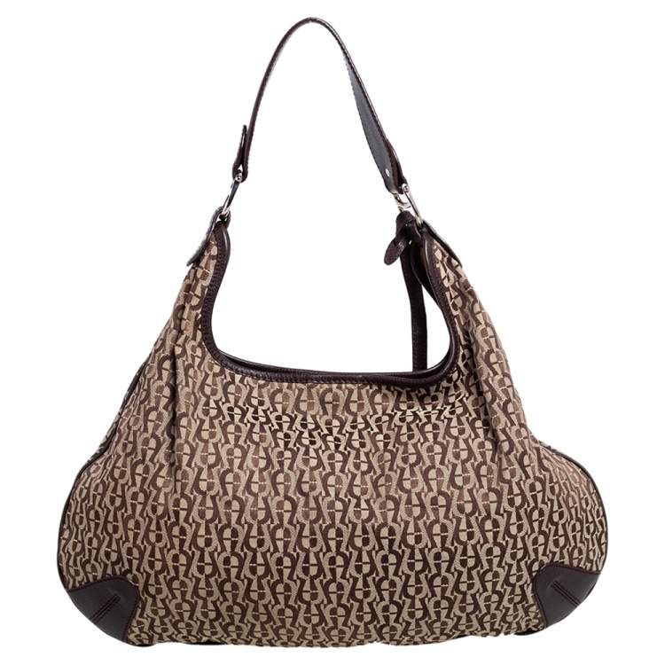 Pre Owned Aigner Dark Brown/Beige Signature Canvas and Leather Hobo