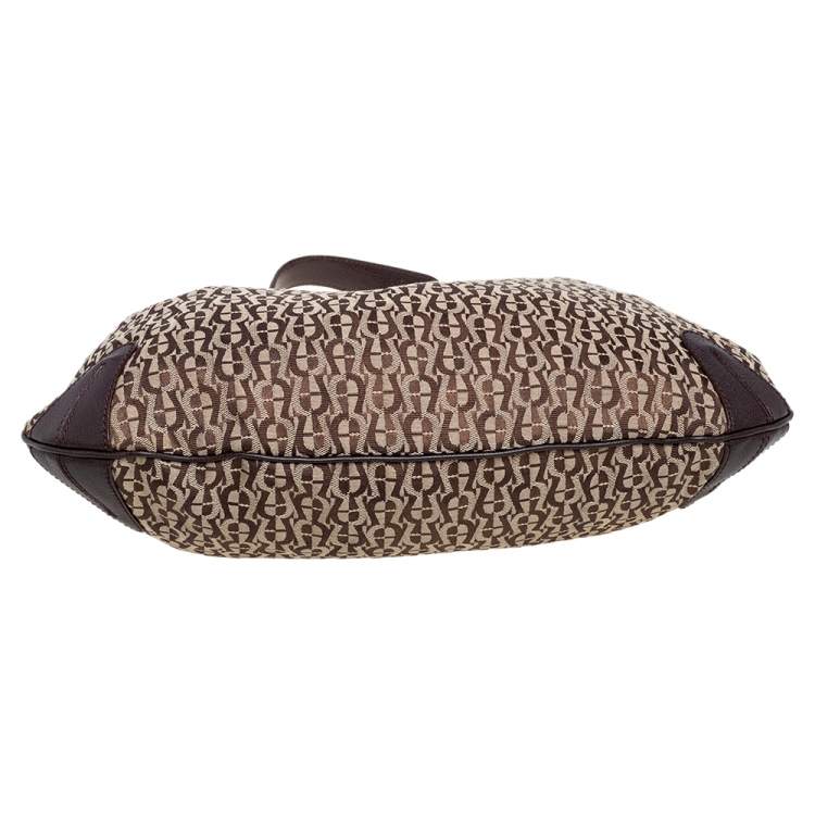 Pre Owned Aigner Dark Brown/Beige Signature Canvas and Leather Hobo