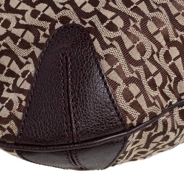 Pre Owned Aigner Dark Brown/Beige Signature Canvas and Leather Hobo