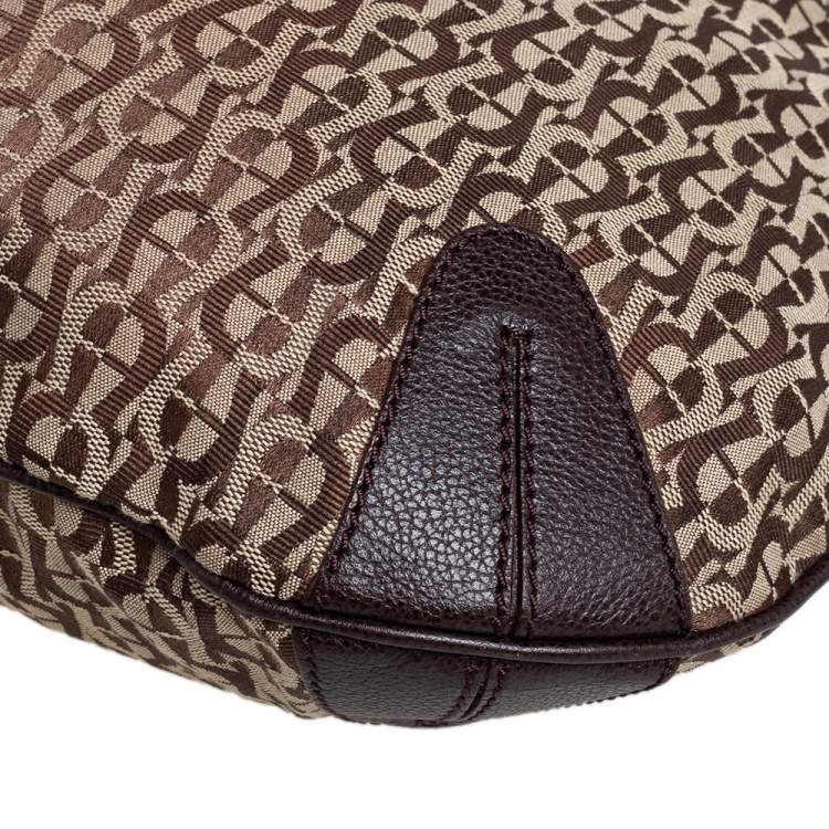 Pre Owned Aigner Dark Brown/Beige Signature Canvas and Leather Hobo