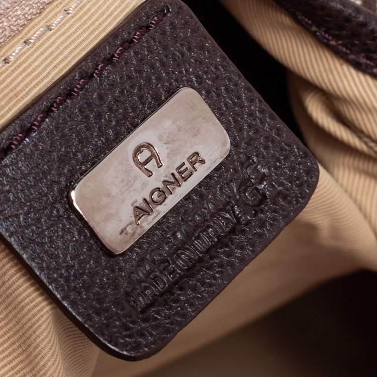 Pre Owned Aigner Dark Brown/Beige Signature Canvas and Leather Hobo