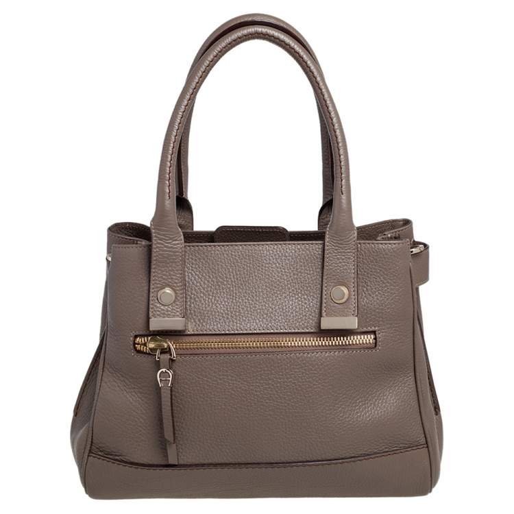 Pre Owned Aigner Dark Beige Leather Middle Zip Tote
