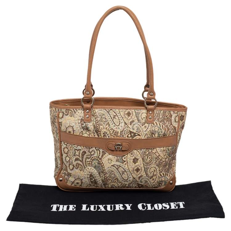 Pre Owned Aigner Beige Printed Canvas And Leather Zip Tote