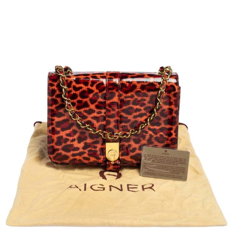 Pre Owned Aigner Red/Peach Leopard Print Patent Leather Flap Chain Shoulder Bag