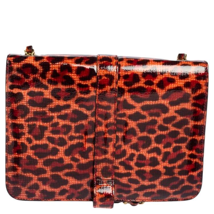 Pre Owned Aigner Red/Peach Leopard Print Patent Leather Flap Chain Shoulder Bag