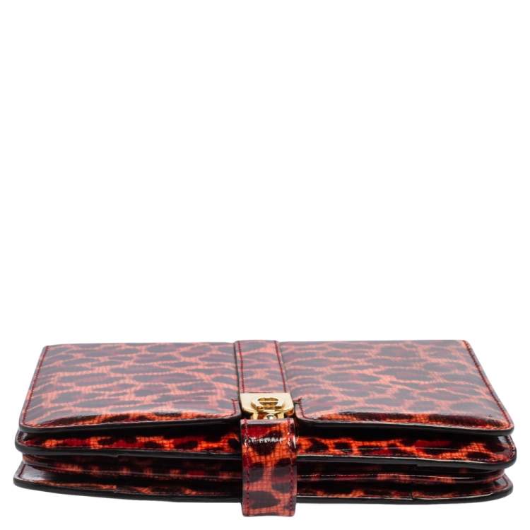Pre Owned Aigner Red/Peach Leopard Print Patent Leather Flap Chain Shoulder Bag