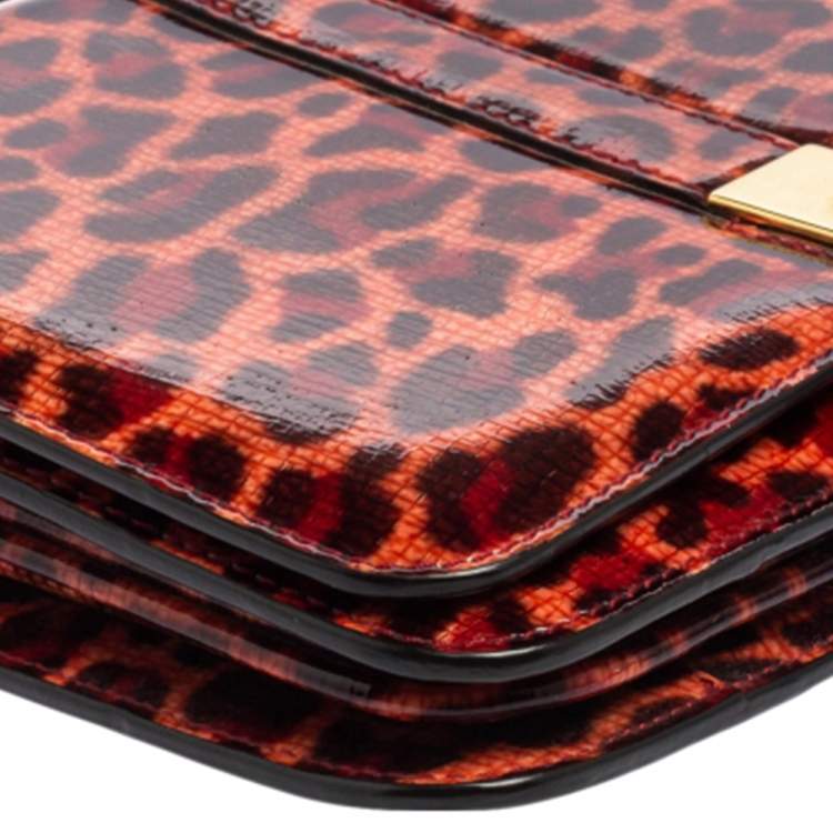 Pre Owned Aigner Red/Peach Leopard Print Patent Leather Flap Chain Shoulder Bag