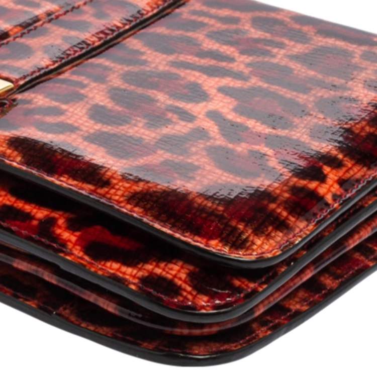 Pre Owned Aigner Red/Peach Leopard Print Patent Leather Flap Chain Shoulder Bag