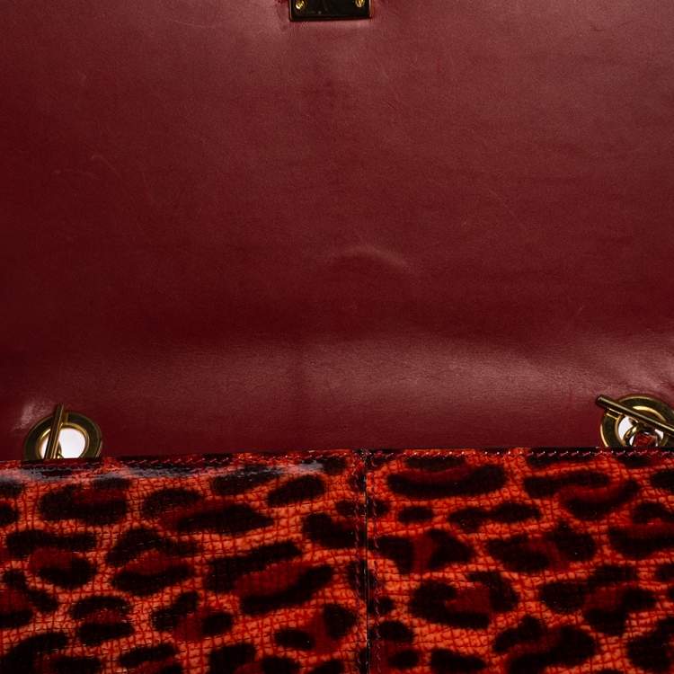 Pre Owned Aigner Red/Peach Leopard Print Patent Leather Flap Chain Shoulder Bag