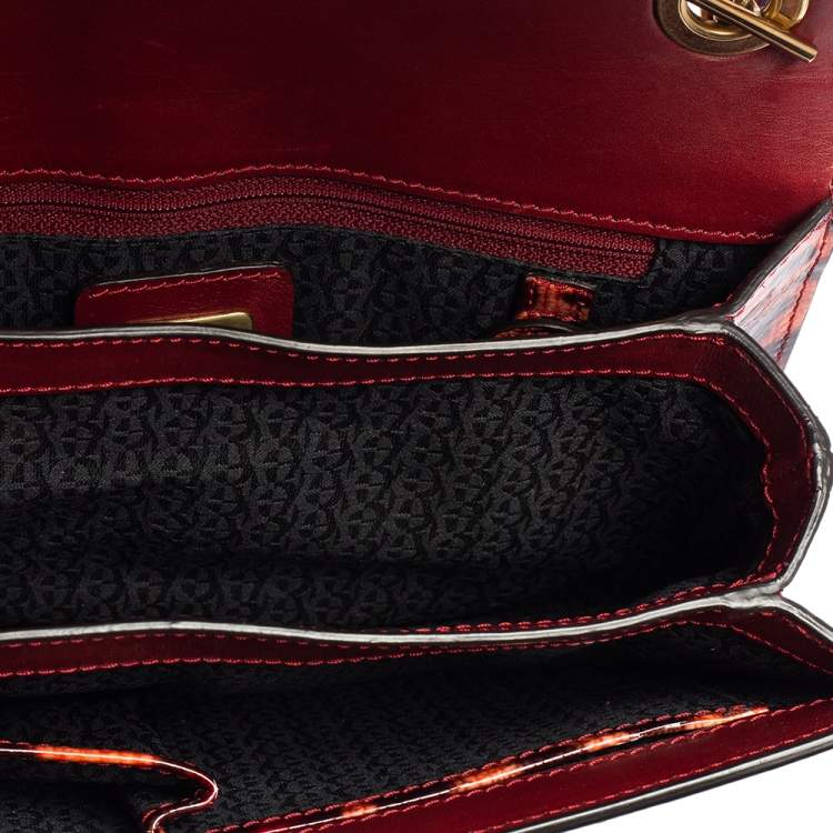 Pre Owned Aigner Red/Peach Leopard Print Patent Leather Flap Chain Shoulder Bag