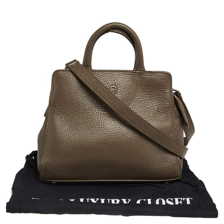 Pre Owned Aigner Dark Beige Grained Leather Cybill Tote