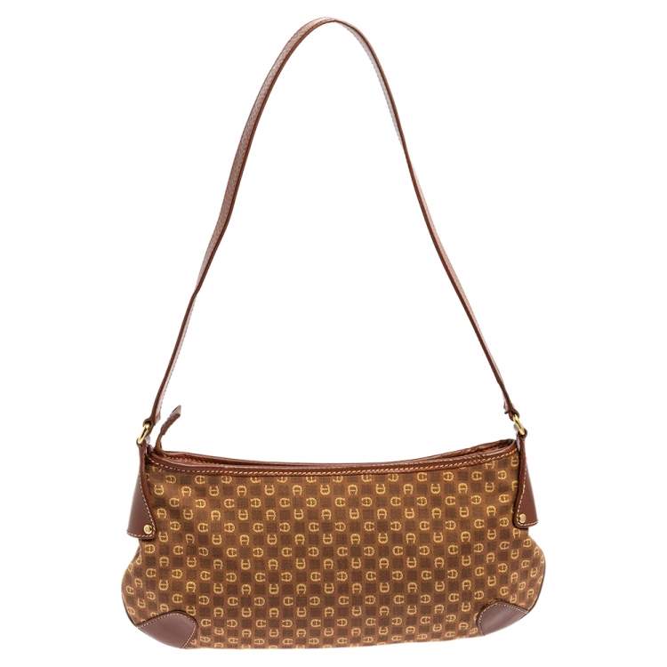 Pre Owned Aigner Brown Signature Canvas and Leather Baguette Shoulder Bag