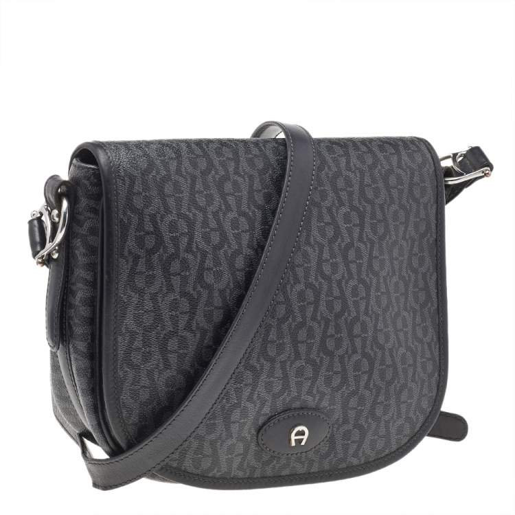 Pre Owned Aigner Grey/Black Signature Coated Canvas And Leather Flap Messenger Bag