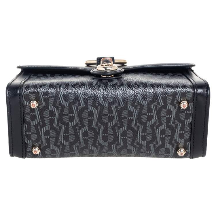 Pre Owned Aigner Black/Grey Signature Coated Canvas and Leather Small Fiorentina Top Handle Bag