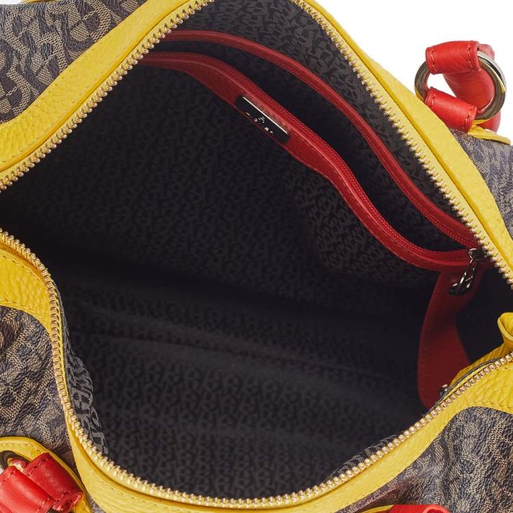 Pre Owned Aigner Brown/Beige Monogram Canvas And Multicolor Leather Boston Bag