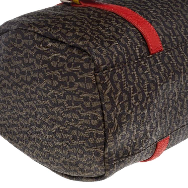 Pre Owned Aigner Brown/Beige Monogram Canvas And Multicolor Leather Boston Bag