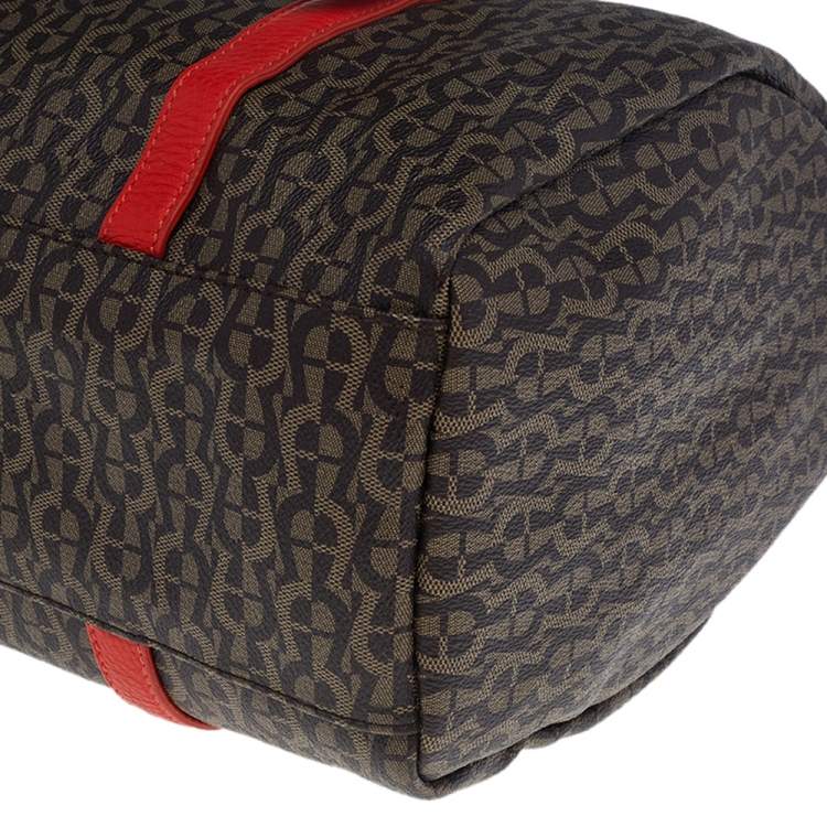 Pre Owned Aigner Brown/Beige Monogram Canvas And Multicolor Leather Boston Bag