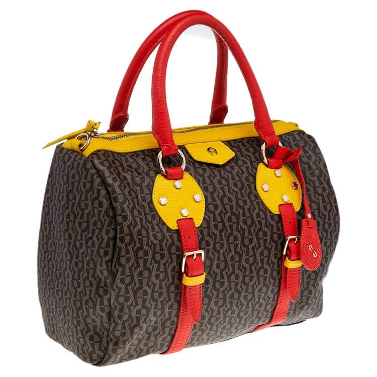 Pre Owned Aigner Brown/Beige Monogram Canvas And Multicolor Leather Boston Bag