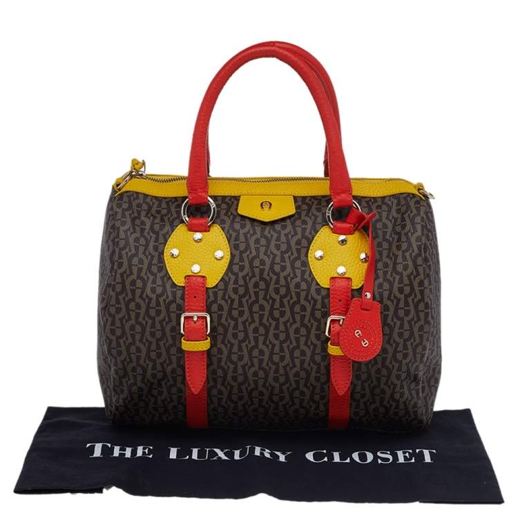 Pre Owned Aigner Brown/Beige Monogram Canvas And Multicolor Leather Boston Bag