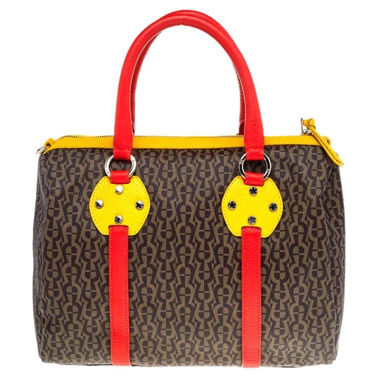 Pre Owned Aigner Brown/Beige Monogram Canvas And Multicolor Leather Boston Bag