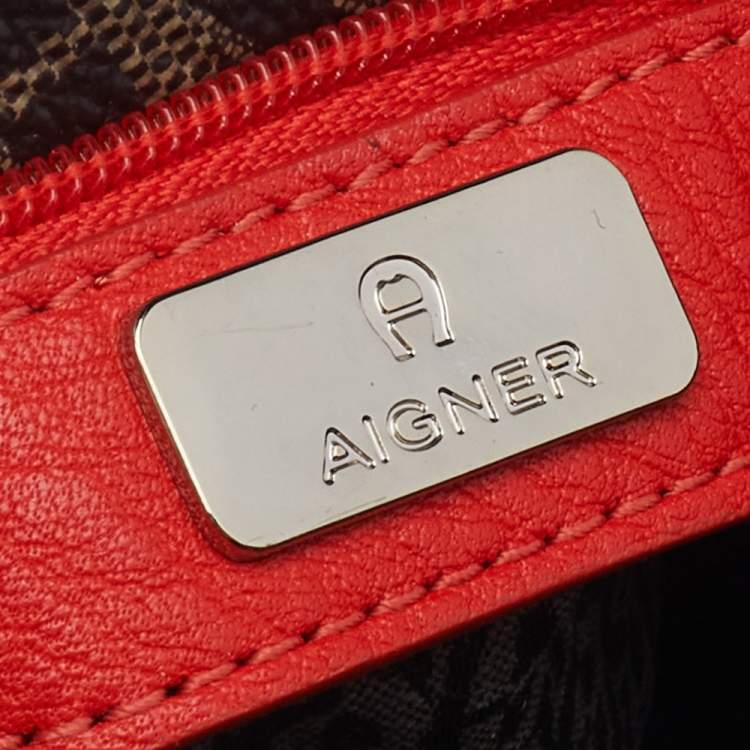 Pre Owned Aigner Brown/Beige Monogram Canvas And Multicolor Leather Boston Bag