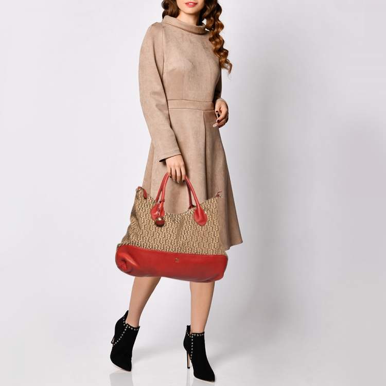 Pre Owned Aigner Beige/Red Signature Canvas and Leather Top Zip Hobo