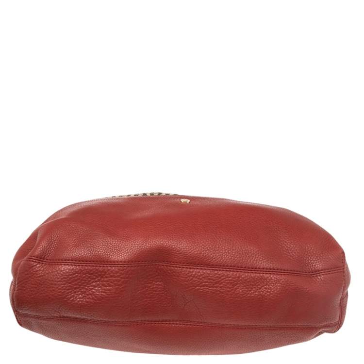 Pre Owned Aigner Beige/Red Signature Canvas and Leather Top Zip Hobo