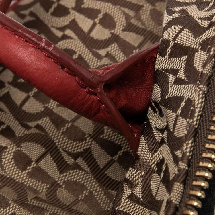 Pre Owned Aigner Beige/Red Signature Canvas and Leather Top Zip Hobo