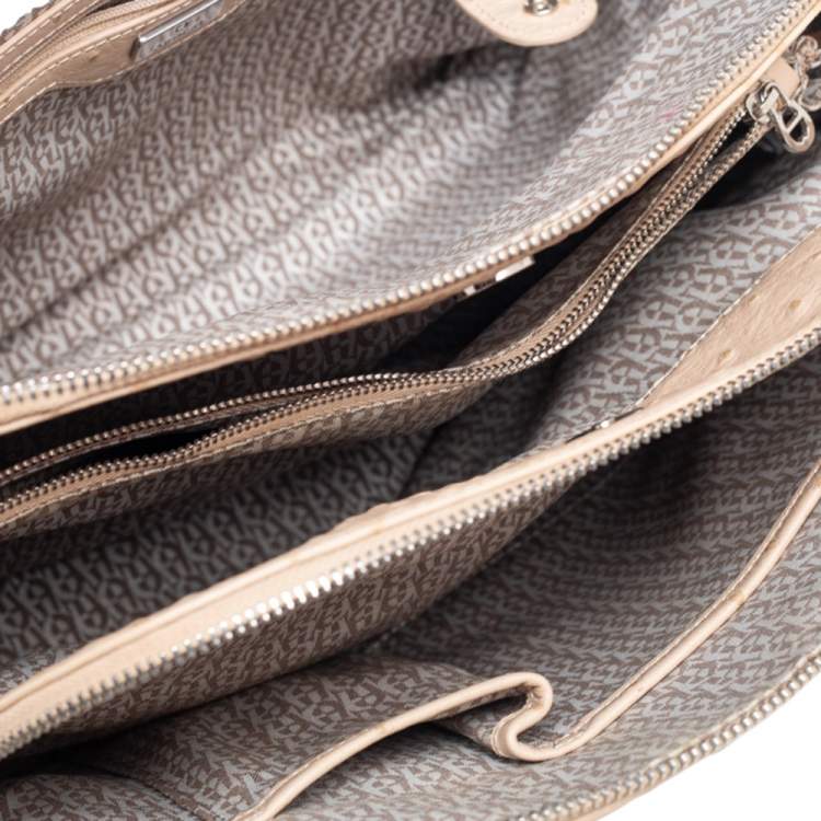 Pre Owned Aigner Beige Ostrich Embossed Leather Double Zip Satchel