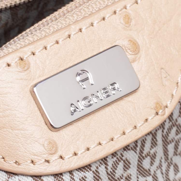 Pre Owned Aigner Beige Ostrich Embossed Leather Double Zip Satchel