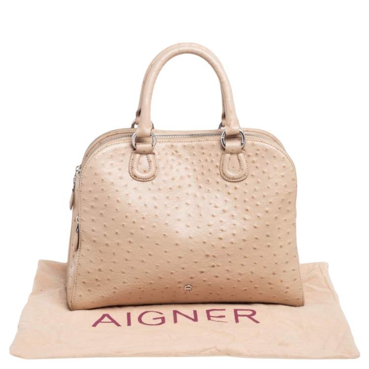 Pre Owned Aigner Beige Ostrich Embossed Leather Double Zip Satchel