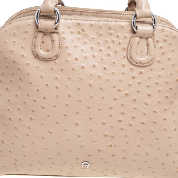 Pre Owned Aigner Beige Ostrich Embossed Leather Double Zip Satchel