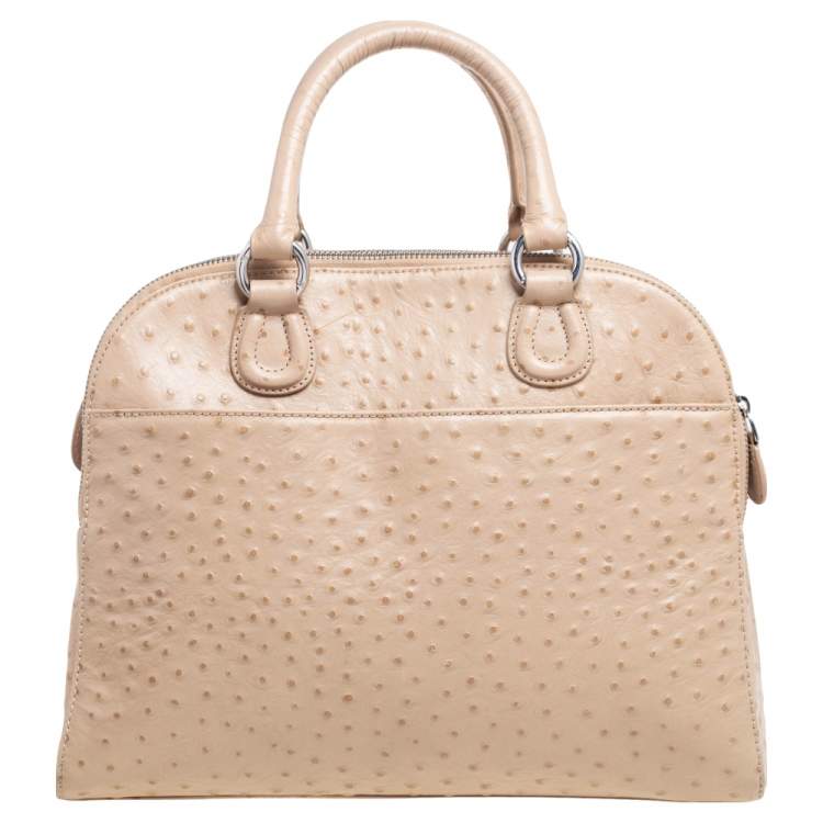 Pre Owned Aigner Beige Ostrich Embossed Leather Double Zip Satchel
