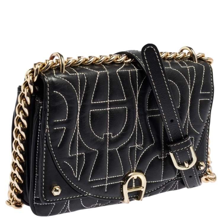 Pre Owned Aigner Black Leather Diadora Shoulder Bag