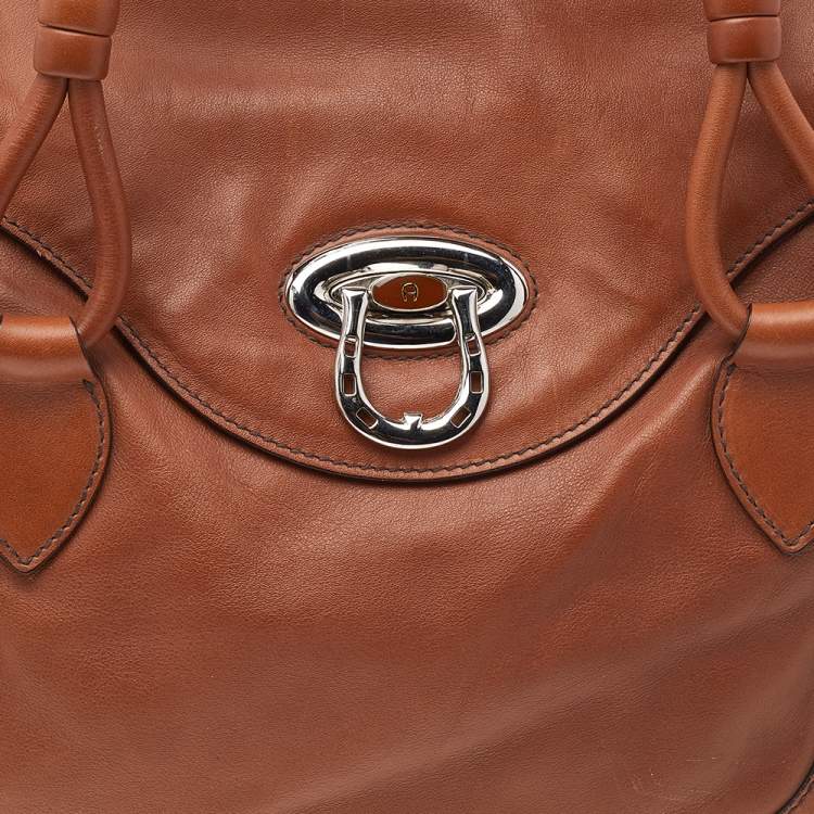 Pre Owned Aigner Brown Leather Flap Satchel