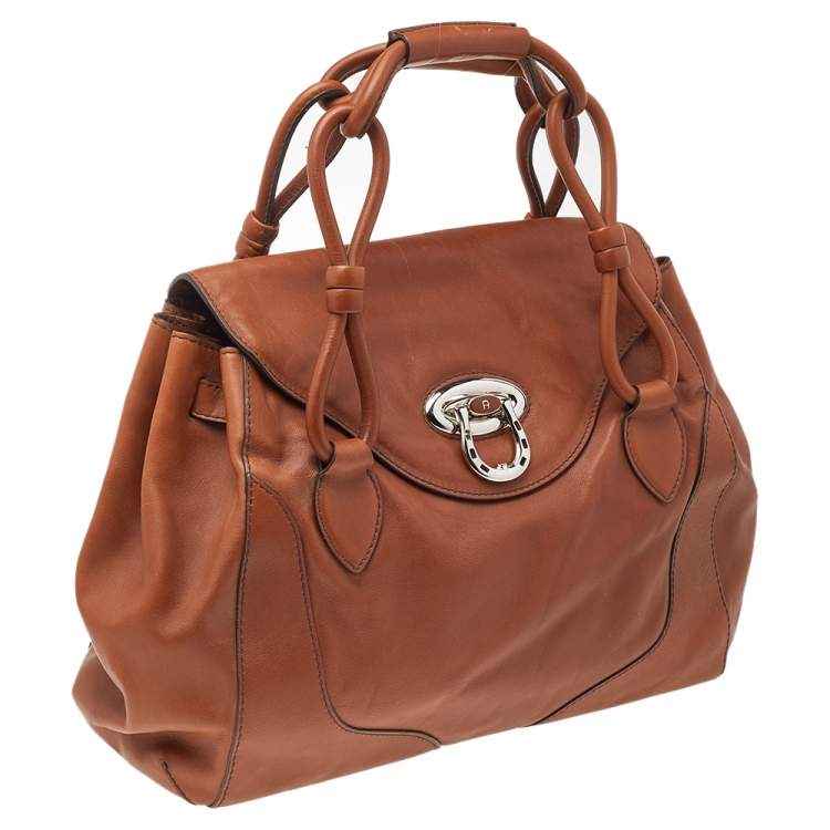 Pre Owned Aigner Brown Leather Flap Satchel