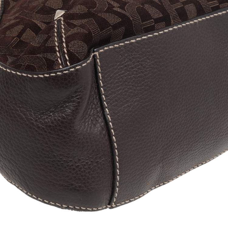 Pre Owned Aigner Dark Brown Signature Fabric And Leather Hobo