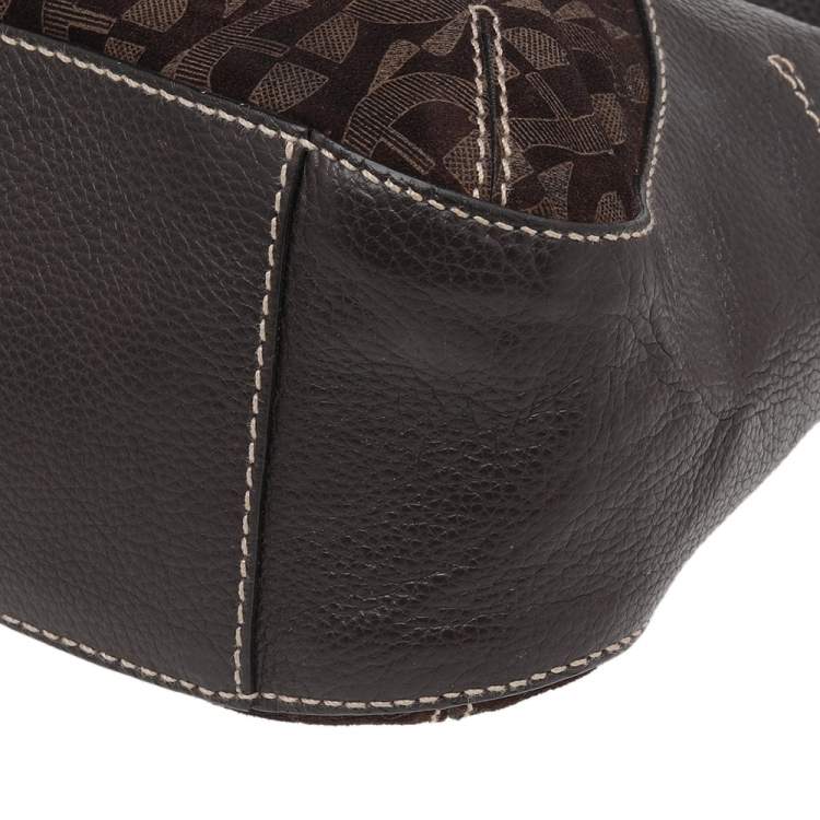 Pre Owned Aigner Dark Brown Signature Fabric And Leather Hobo