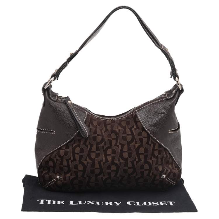 Pre Owned Aigner Dark Brown Signature Fabric And Leather Hobo