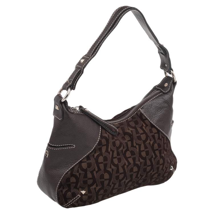 Pre Owned Aigner Dark Brown Signature Fabric And Leather Hobo