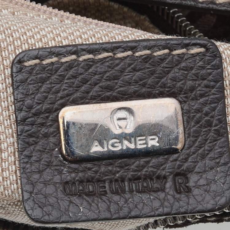 Pre Owned Aigner Dark Brown Signature Fabric And Leather Hobo