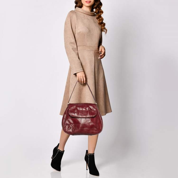 Pre Owned Aigner Burgundy Croc Embossed Leather Flap Shoulder Bag