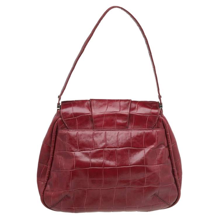 Pre Owned Aigner Burgundy Croc Embossed Leather Flap Shoulder Bag