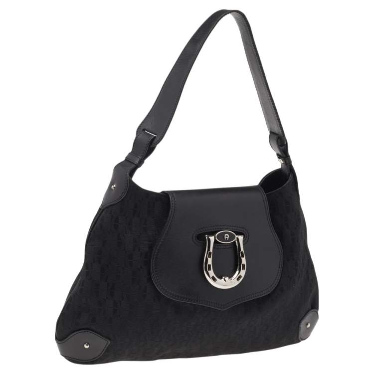Pre Owned Aigner Black Signature Canvas and Leather Hobo