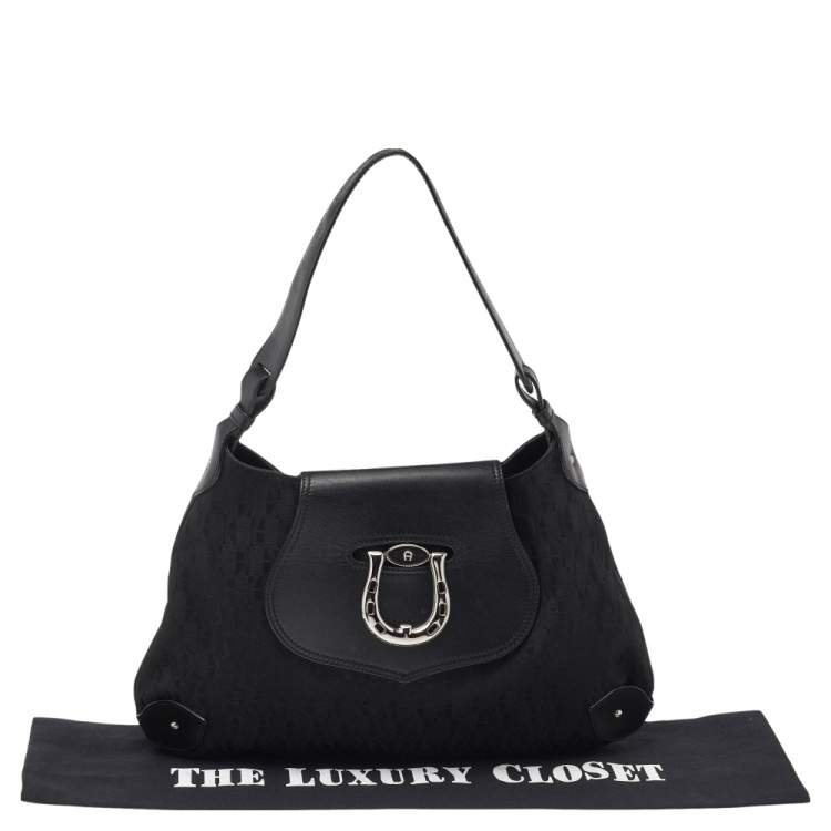 Pre Owned Aigner Black Signature Canvas and Leather Hobo
