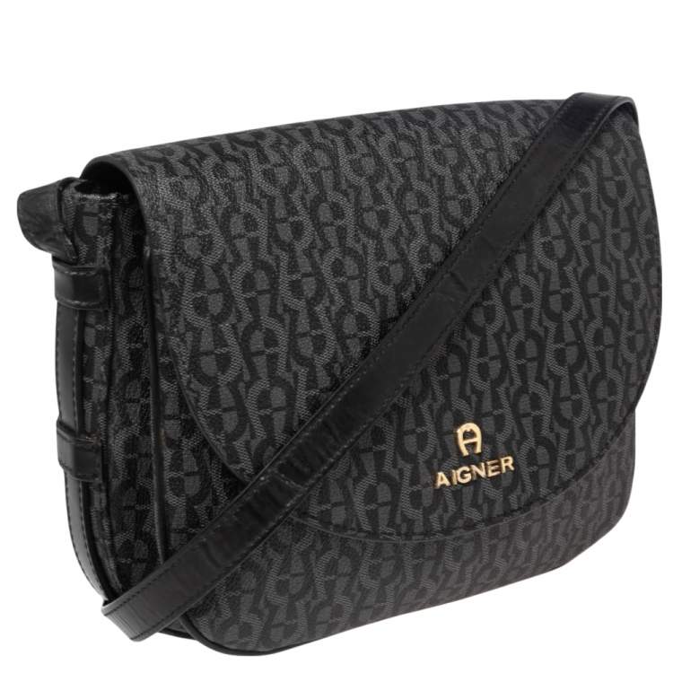 Pre Owned Aigner Black Signature PVC and Leather Messenger Bag